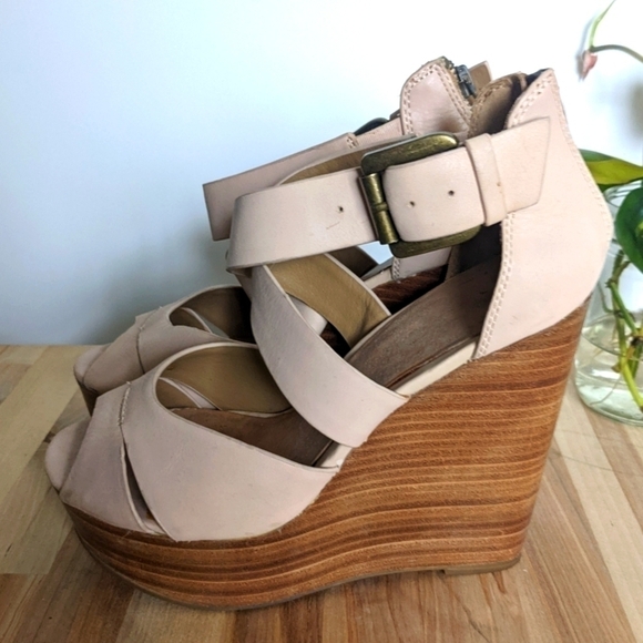 aldo Nude Leather Platform Sandals Wood Wedge Heel 7.5 - Picture 3 of 11